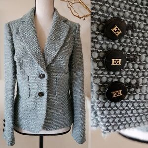💯 Authentic Escada Tweed Blue Gray Boucle Nubby Wool Blend Blazer